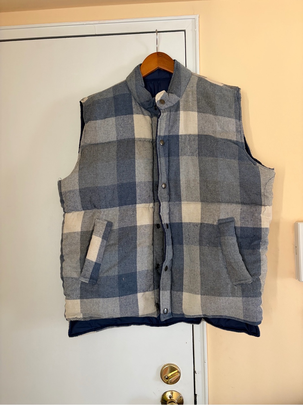Men's Quilted Plaid Vest in Blue and Cream